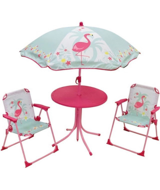 FUN HOUSE 713088 FLAMANT ROSE Salon de jardin avec une table, 2 chaises pliables et un parasol pour enfant