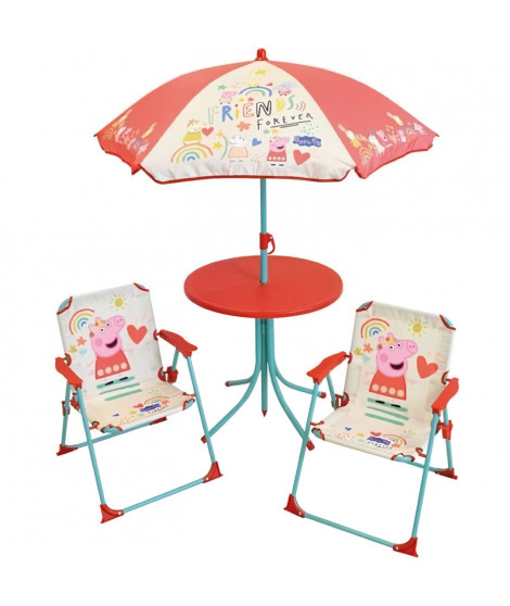 FUN HOUSE Peppa Pig Salon de jardin - 1 table H.46xø46cm, 2 chaises H.53xl.38,5xP.37,5 cm et 1 parasol H.125 x ø100 cm - Pour…