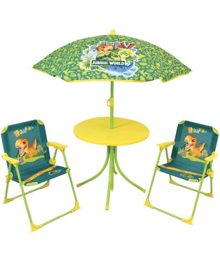 FUN HOUSE Jurassic Salon de jardin dinosaures - 1 table 46 x ø46 cm, 2 chaises 53 x 38,5 x 37,5 cm et 1 parasol 125 x ø100 cm