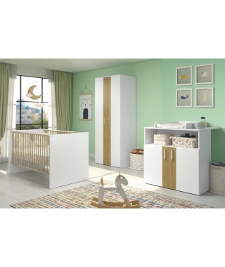 Chambre bébé Trio : Lit 70 x 140 cm + Commode a langer + Armoire 2 portes BERRY - Blanc et chene - TREND TEAM