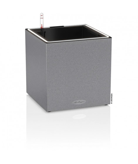 Pot de fleur LECHUZA Canto Stone Cube 30 - kit complet LED, gris pierre