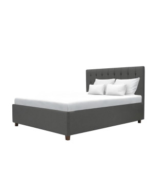 EMILY Lit adulte 140x190 cm + Coffre de rangement - Tissu imitation lin gris foncé - Sommier inclus