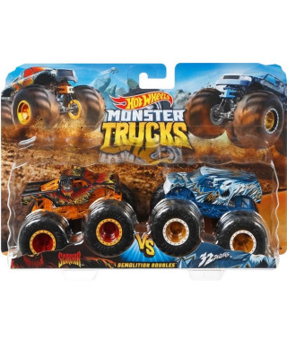 HOT WHEELS Monster Trucks Méga Roues et Méga Amortisseurs - Double Démolition - 2 Véhicules Échelle 1:64 (modeles aléatoires)