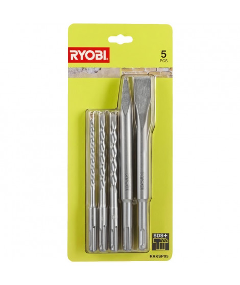 RYOBI Kit 3 forets (6 mm, 8 mm, 10 mm) et 2 burins SDS+ (1 pointe et 1 plat) RAKSP05