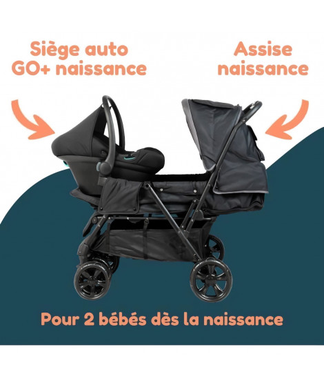 Poussette double jumeaux - BAMBISOL - Combiné Poussette Double + Siege Auto I-size - 4 roues - Noir