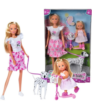 Steffi Love poupée dalmatien + Evi Love - 2 poupées 29 et 12 cm - 2 Figurines Dalmatien - Trotinette Evi - Des 3 ans