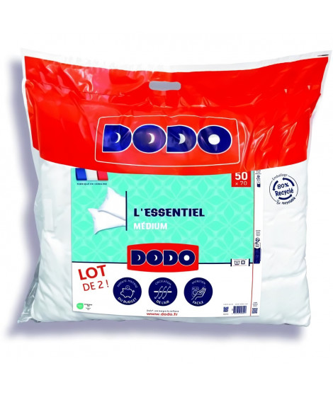 DODO Lot de 2 Oreillers Médium - L'ESSENTIEL - 50x70 cm - 100% Polyester