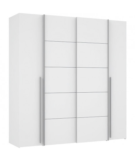 Armoire NARAGO - Décor Blanc mat - 2 portes coulissantes + 2 portes battantes + 2 penderies - L200 x P61 x H210 cm