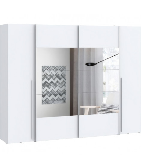 Armoire NARAGO - Décor Blanc mat - 2 portes coulissantes + miroir + 2 portes battantes + 2 penderies - L270 x P61 x H210 cm