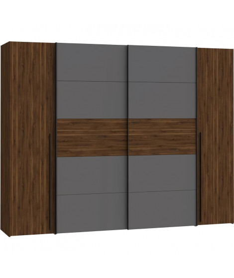 Armoire NARAGO - Décor Noyer Bakersfield et gris - 2 portes coulissantes + 2 portes battantes - L270 x P61 x H210 cm