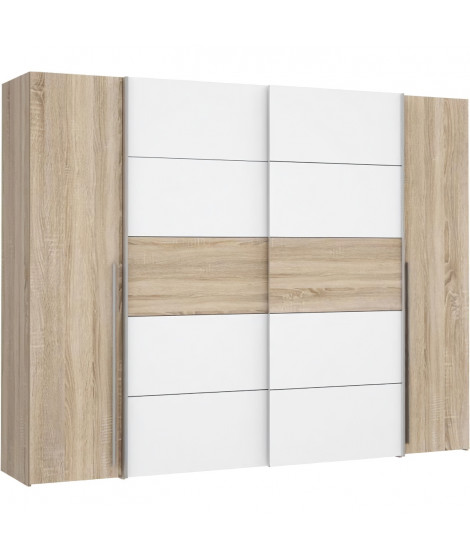 Armoire NARAGO - Décor Chene Sonoma et blanc mat - 2 portes coulissantes + 2 portes battantes - L270 x P61 x H210 cm