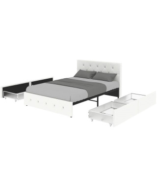 Lit adulte DAVID 140 x 190 cm - 4 tiroirs - Sommier inclus - Simili blanc