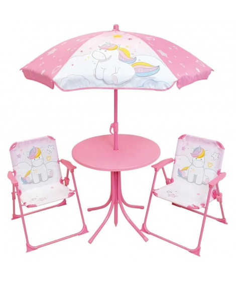 Mobilier de jardin - FUN HOUSE - Salon de jardin Licorne : Table H.46 x 46 cm, 2 chaises pliantes, parasol H.125 x100 cm