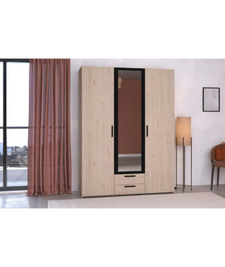 Armoire - Panneau de particules - Décor chene et noir - 3 portes centrales - Essentiel - Chambre - 150.3x200x51.7cm