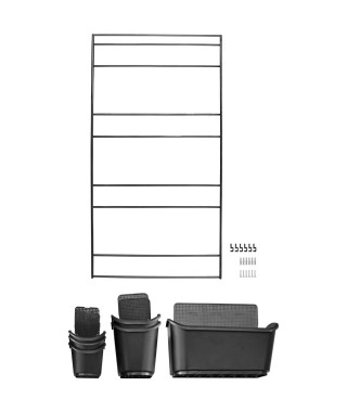 Jardiniere murale - Kit support mural + 3 pots (0,9L) + 2 pots (2,5L) + 1 jardiniere (5,4L) - Noir - H84 x L48cm - NATURE