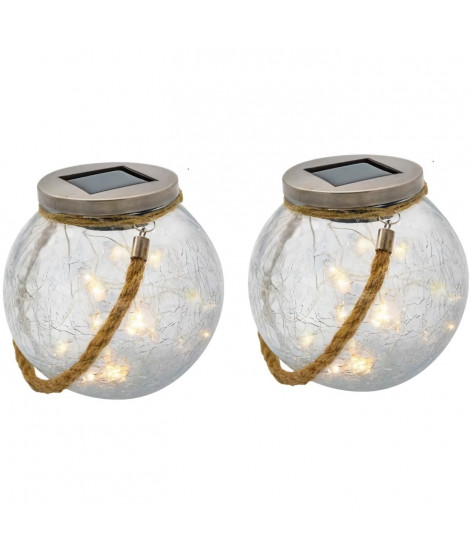 Lot de 2 boules solaires - LUMISKY - CRACK BALL CORD - H13 cm - Verre craquelé a poser - Poignée corde micro - LED blanc chaud