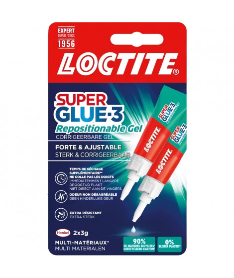 Colles Cyanoacrylates - LOCTITE - SUPERGLUE-3 - Repositionable - Gel 3g - Lot de 2 Blister - Carton 12uc