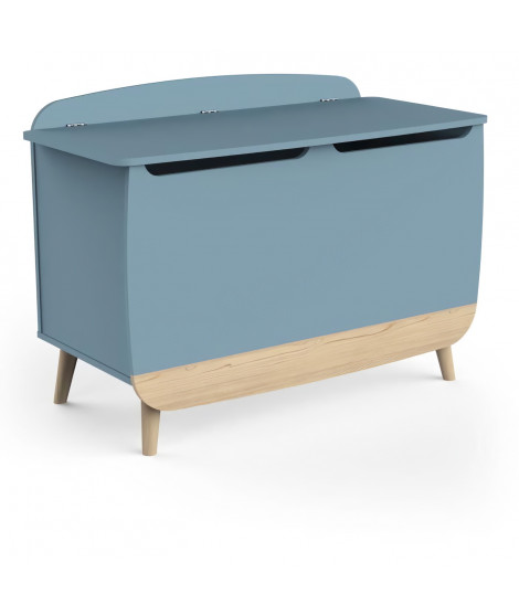 Coffre a jouets - FIRMIANA - style scandinave - Bleu orage et bois naturel - 82,4 x 39,1 x 58,9 cm - DEMEYERE