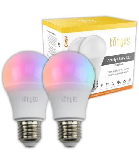 2 Ampoules LED - KONYKS - Antalya Easy E27 Dual Pack - Wifi + Bt - 11 W - Couleurs + Blanc - Compatible Alexa / Google Home