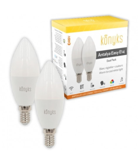 2 Ampoules LED - KONYKS - Antalya Easy E14 - Wifi + Bt - 5 W - 350 Lumens - Couleurs + Blanc - Compatible Alexa / Google Home