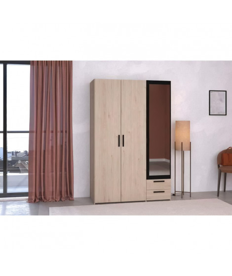 Armoire - Panneau de particules - Décor chene et noir - 3 portes droites - Essentiel - Chambre - 120.3x185x51.7 cm