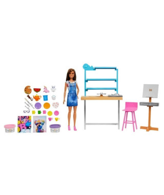 Barbie Bien-etre Coffret Atelier d'art créer et se détendre, avec poupée, pâte a Modeler et Accessoires, HCM85