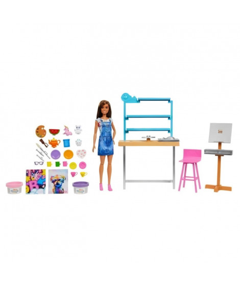 Barbie Bien-etre Coffret Atelier d'art créer et se détendre, avec poupée, pâte a Modeler et Accessoires, HCM85