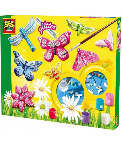 Moulage et peinture - Papillon et paillettes - SES CREATIVE - Grand moule, 6 couleurs de peinture, pinceau, paillettes et plâtre