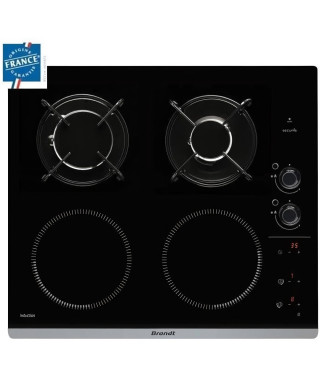 Table de cuisson mixte induction / gaz BRANDT BPI6413BM - 4 zones - L 51 x P 58 cm - Revetement verre - Noir