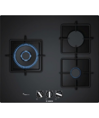 BOSCH PPC6A6B10 Plaque de cuisson gaz - 3 foyers - 8000 W - L 59 x P 52 cm - Revetement verre - Noir