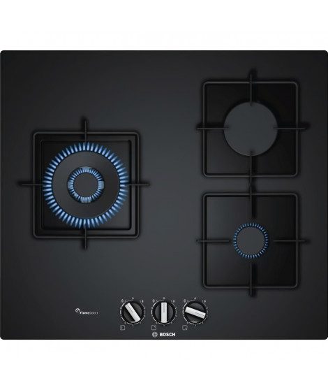 BOSCH PPC6A6B10 Plaque de cuisson gaz - 3 foyers - 8000 W - L 59 x P 52 cm - Revetement verre - Noir