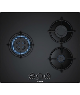 BOSCH PNC6B6B10 Plaque de cuisson gaz - 3 foyers - 7500 W - L 59 x P 52cm - Revetement verre - Coloris noir