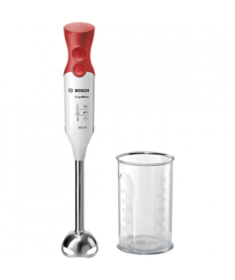 Mixeur plongeant BOSCH - 450W - Pied inox - 4 lames aiguisées - 2 vitesses - Bol gradué 600ml - blanc/rouge