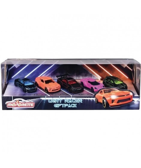 Majorette - Coffret cadeau Light Racer - 5 voitures miniatures de marque reconnue - 7,5cm - Couleurs Néon
