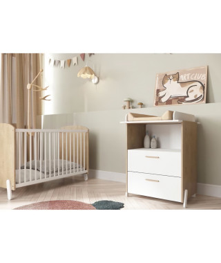 Ensemble duo 60 comprenant 1 lit a barreaux 60 x 120 cm & 1 commode a langer 2 tiroirs - NAILI - Hamilton / Blanc mat - DEMEYERE