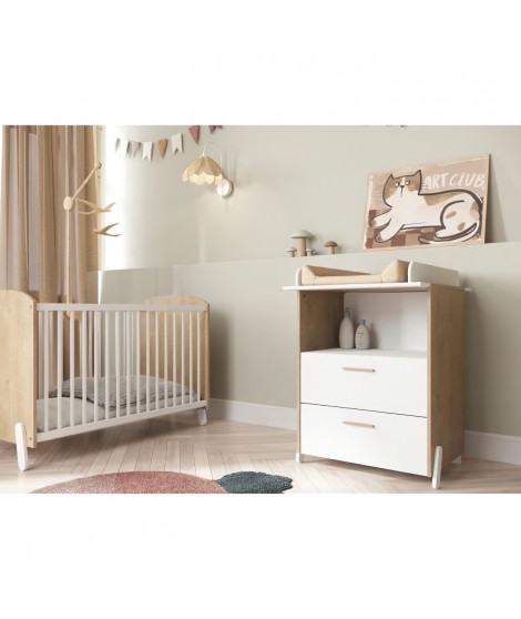 Ensemble duo 60 comprenant 1 lit a barreaux 60 x 120 cm & 1 commode a langer 2 tiroirs - NAILI - Hamilton / Blanc mat - DEMEYERE