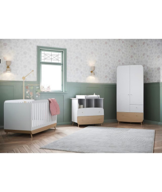 Ens. lit bébé 70 x 140 Kit évolutif, commode 2 tiroirs, 3 niches et 1 plan a langer, 1 armoire- FIRMIANA - Blanc & bois - DEM…