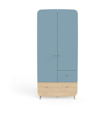 Ens. lit bébé 70 x 140 Kit évolutif, commode 2 tiroirs 3, niches et 1 plan a langer, 1 armoire - FIRMIANA - Bleu / bois - DEM…