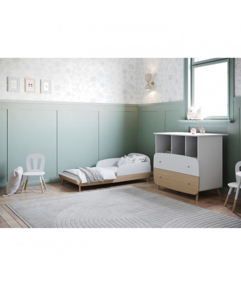 Ens. lit bébé 70 x 140 Kit évolutif, commode 2 tiroirs, 3 niches et 1 plan a langer - FIRMIANA - Scandinave - Blanc/bois - DE…