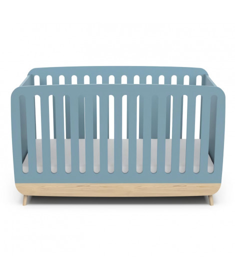 Ens. lit bébé 70 x 140 Kit évolutif, commode 2 tiroirs, 3 niches et 1 plan a langer - FIRMIANA - Scandinave - Bleu / bois -