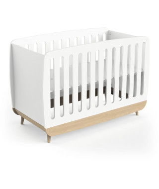 Ensemble lit bébé 60 x 120, commode 2 tiroirs + 3 niches et 1 plan a langer - FIRMIANA - Scandinave - Blanc mat & bois - DEME…