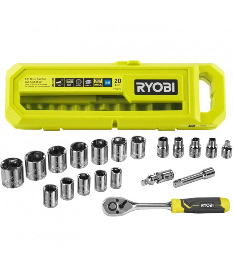 Coffret 1 clé 90 dents (angle de reprise 4°) & 16 douilles (de 7 a 24 mm), adaptateur Hex 1/4'' - Hex 3/8'' - Compatible Ryobi