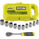 Coffret 1 clé 90 dents (angle de reprise 4°), 8 douilles (de 8 a 15 mm) et adaptateur 1/4'' - 3/8'' - Compatible avec Ryobi LINK