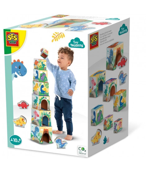Tour de blocs a empiler avec figurines de dinosaures - Jeu d'adresse - SES CREATIVE - Tour empilable avec 3 figurines de dino…