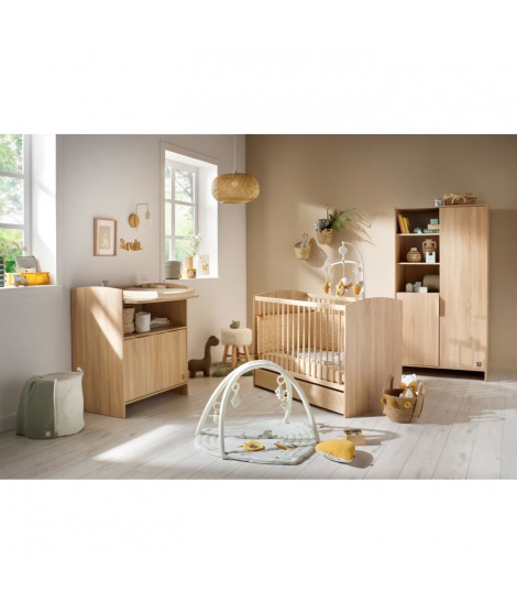 Chambre bébé trio AZUR - Lit 120x60 + Commode a langer 3 tiroirs + Armoire 2 portes chene doré - SAUTHON