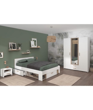 Chambre complete adulte - DREAM - Lit 140x190/200 cm + 2 chevets + armoire - Décor blanc et chene - PARISOT