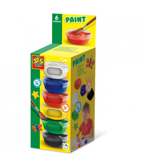 Gouache (6x45ml) - SES CREATIVE - Six couleurs : rouge, bleu, blanc, noir, vert et jaune.