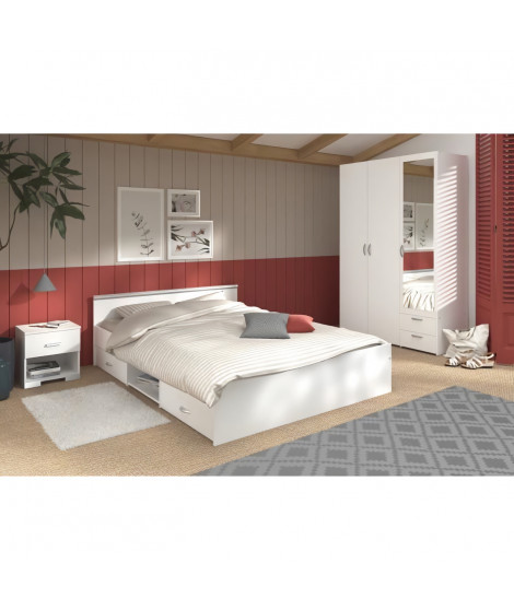 Chambre complete adulte: Lit 160 x 200 cm + armoire 3 portes et 2 tiroirs + 2 chevets - Décor Blanc - PARISOT