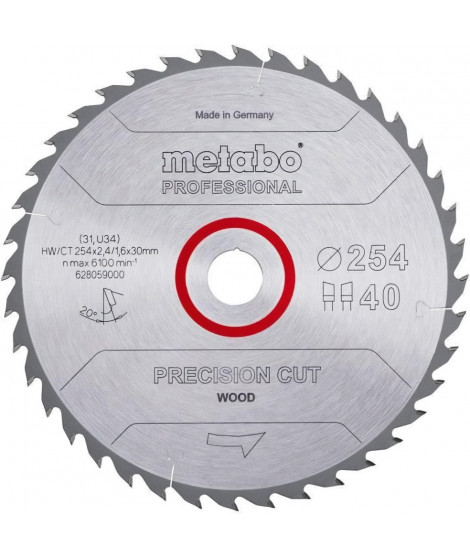 Lame de scie circulaire Pro - METABO - Precision Cut Wood HW/CT 254x30, 40 WZ 20°