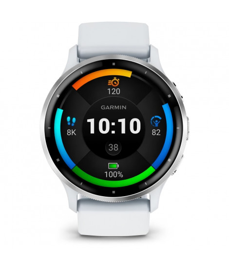 Montre GPS connectée - GARMIN - Venu 3 - WiFi - 35,4 mm (1,4) - Acier Silver, boîtier blanc et bracelet en silicone blanc